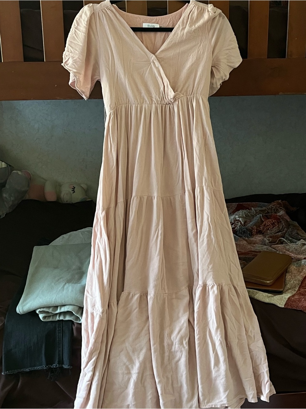 Blush Pink V-Neck Tiered Maxi Dress